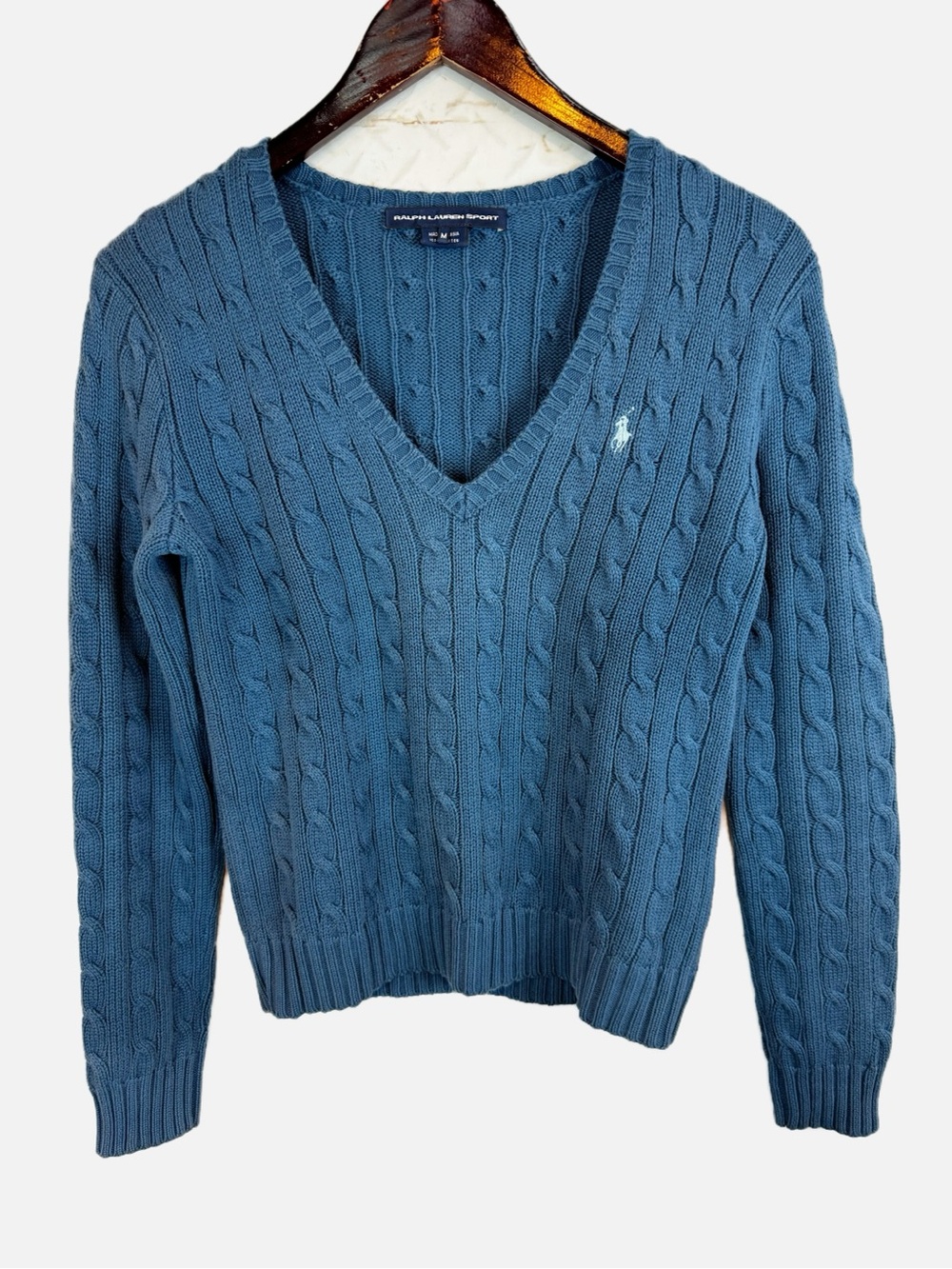 Ralph Lauren Sport | Blue 100% Cotton V-Neck Cable Knit Sweater, M